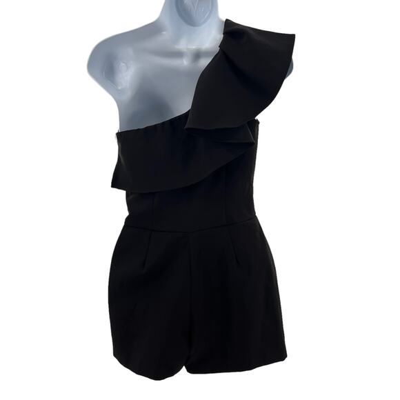 Aqua Black Knit One Shoulder Ruffle Short Romper Women Sz S NWT - Picture 3 of 8